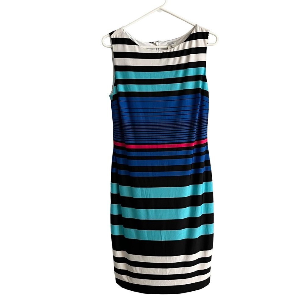 Cache Sleeveless Lined Jersey Knit Pencil Sheath Dress Colorblock Stripe Sleeve